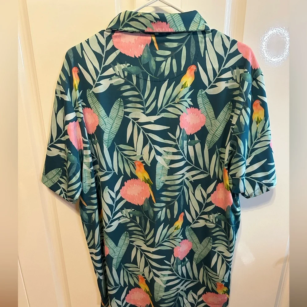 Bad Birdie Green and Pink Polo Shirt Vibrant Tropical Design - Picture 2 of 3